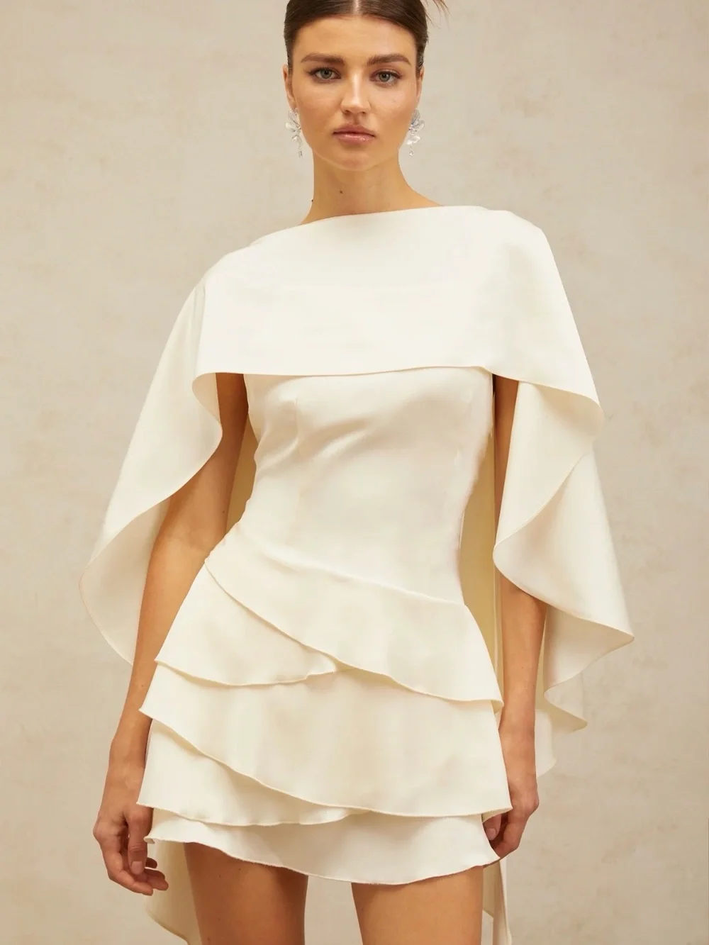 Ivory Layered Mini Dress with Draped Cape
